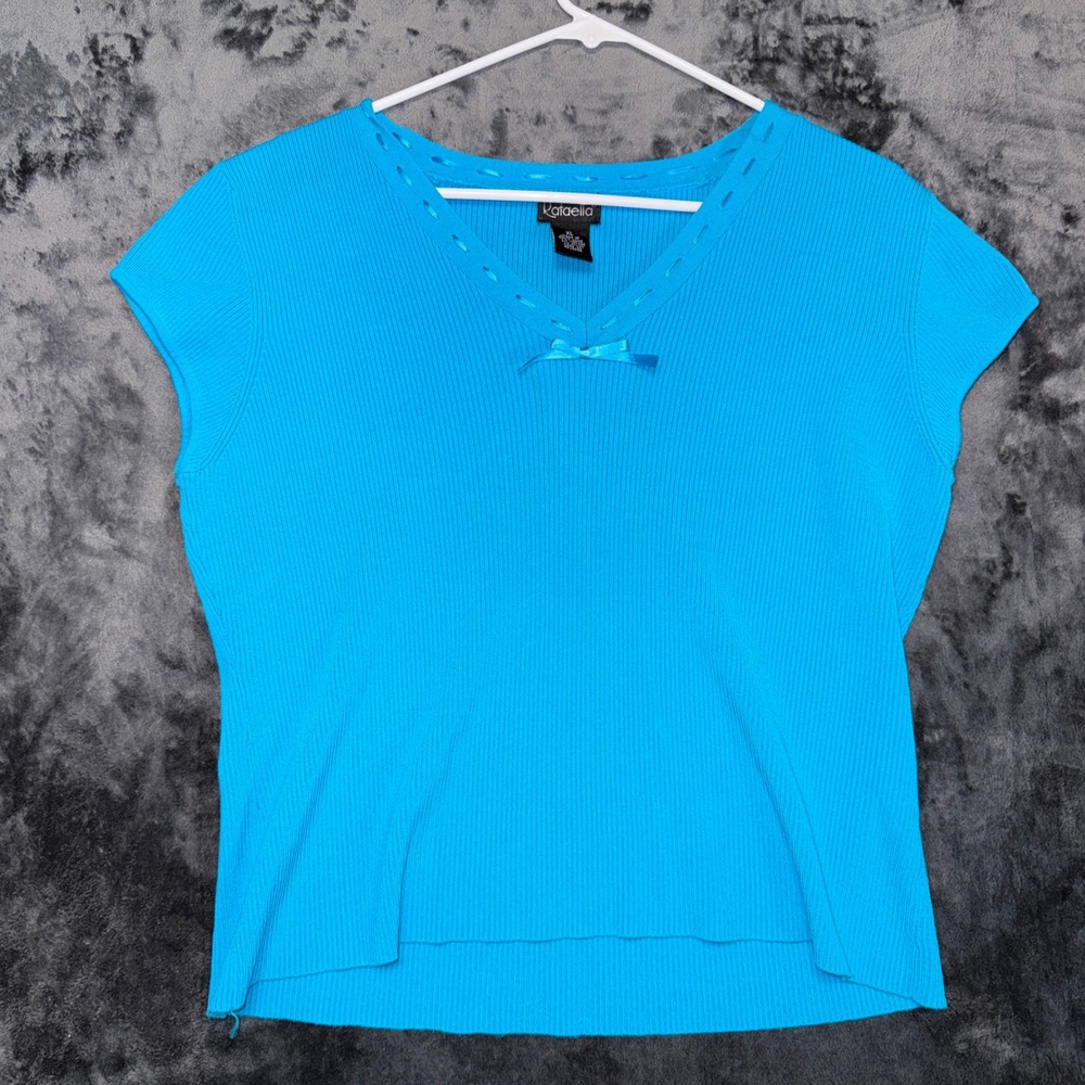 Rafaella Womens XL Turquoise Blue Ribbed Knit V-Neck‎ Top Ribbon Bow Detail Cap